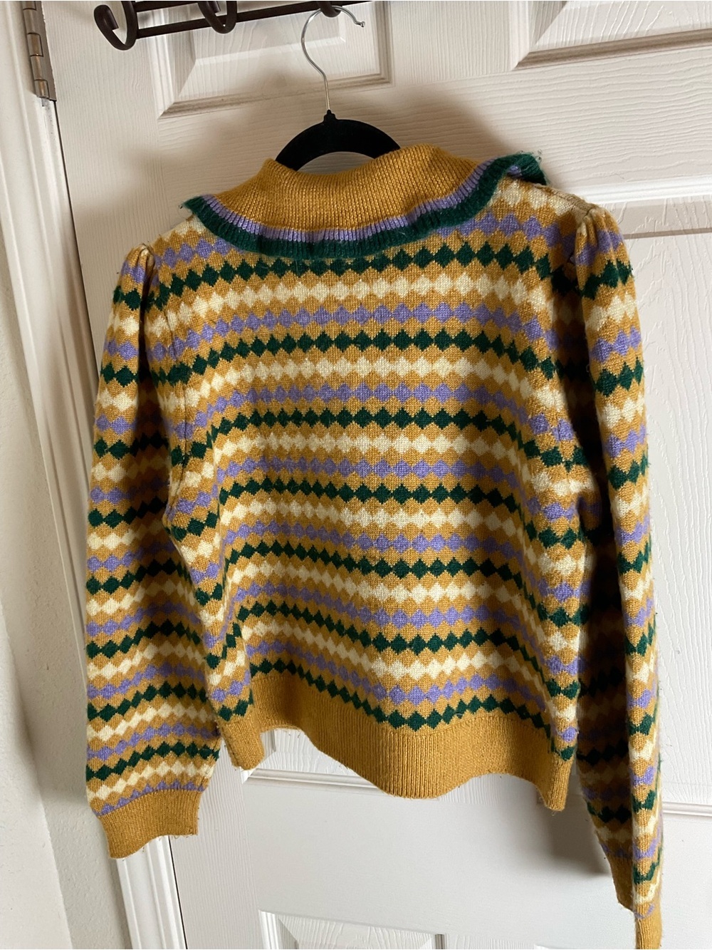 MANGO Arlequin Geometric Pattern Ruffle Detail Polo Sweater size Xl - Picture 11 of 12